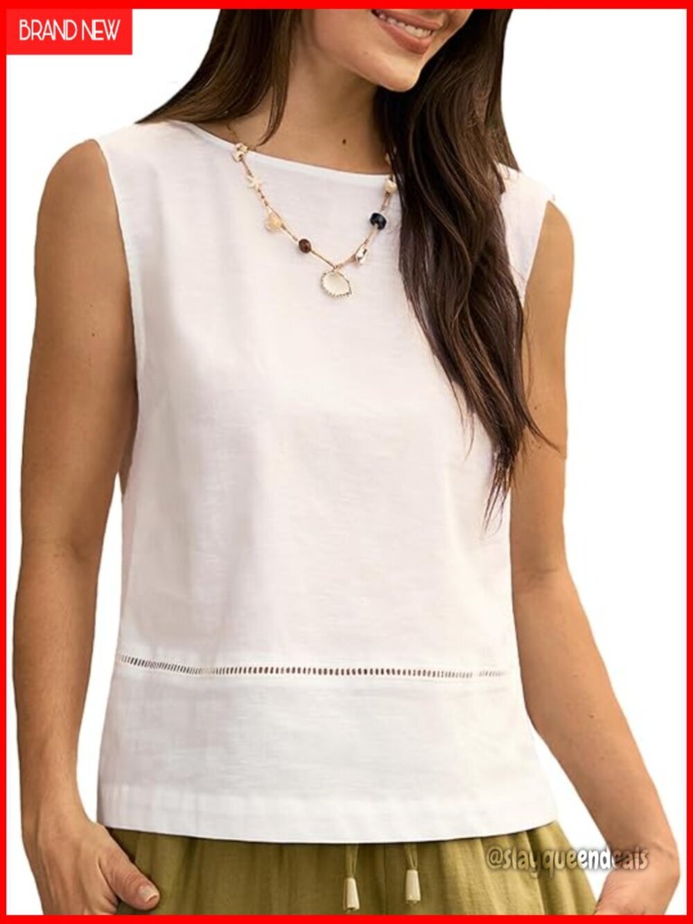 Linen Blend Tank Top Boat Neck Loose Fit Summer Blouse Boho Beach